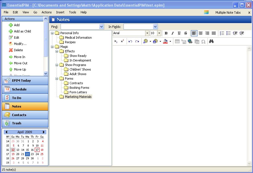 EssentialPIM showing heirarchical notes capability